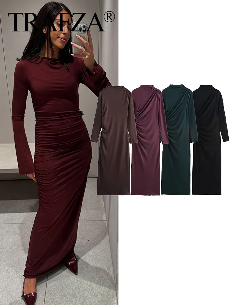 

TRAFZA Female High Street Long Dresses Solid Crew-Neck Long Sleeve Pleated Decoration Back Zipper Mini Dress Woman 2025 Trendy