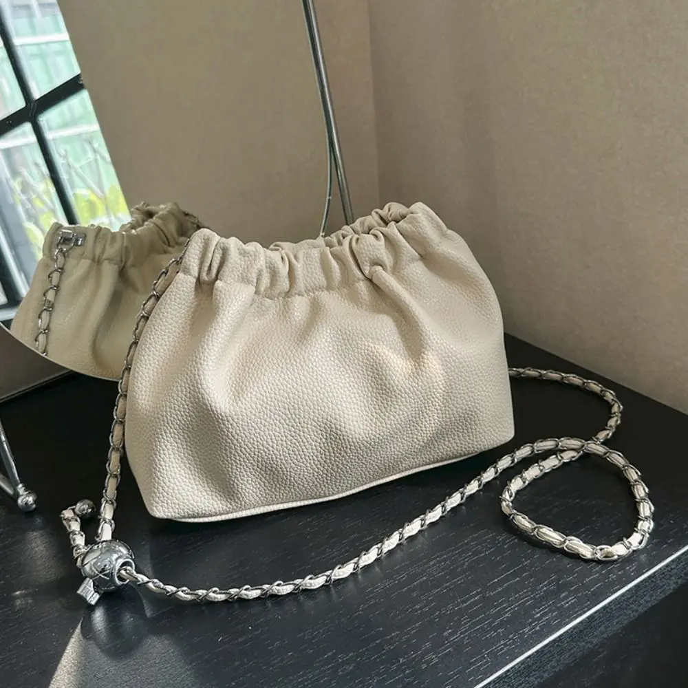 PU Shoulder Bags Fashion Chain Circle Handheld Crossbody Bag Exquisite Drawstring Bucket Bag  for Women with Chain Strap