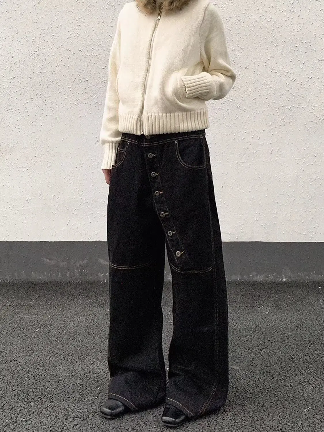 Lente en herfst zwarte losse broek met wijde pijpen met meerdere knopen - unisex high-end veelzijdige casual luie flare denim jeans met lage taille