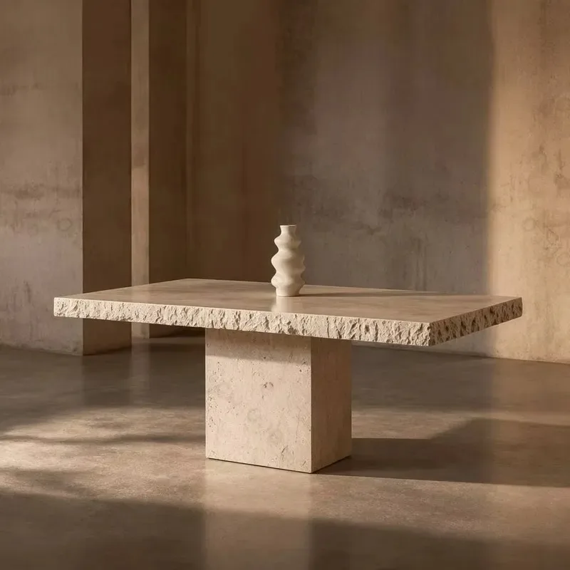 Luxury Beige Limestone Dining Table Style Modern Rough Stone Edge Suitable for Hotel Villa Projects