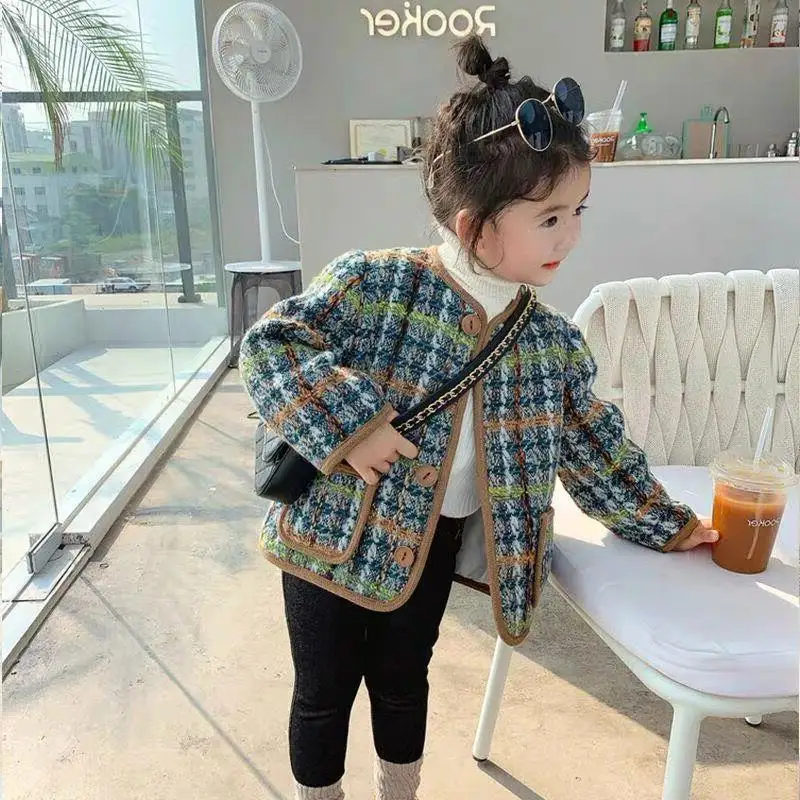 

Girls' Quilted Warm Jacket2025Autumn Winter Children's Top Baby Stylish Plaid Jacket Trendy