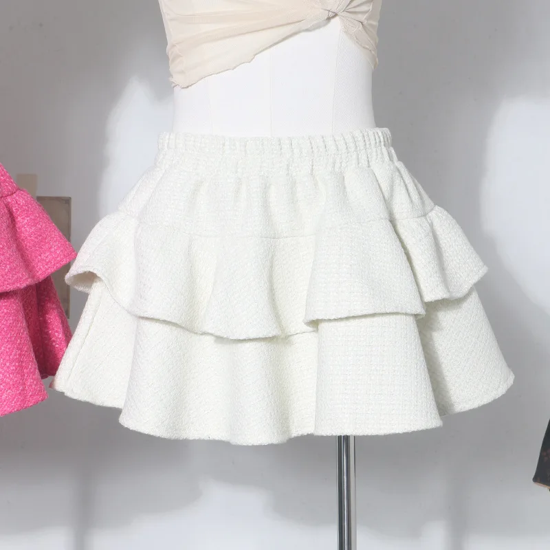 여성용 신축성 있는 허리 트위드 케이크 A라인 플러피 스커트