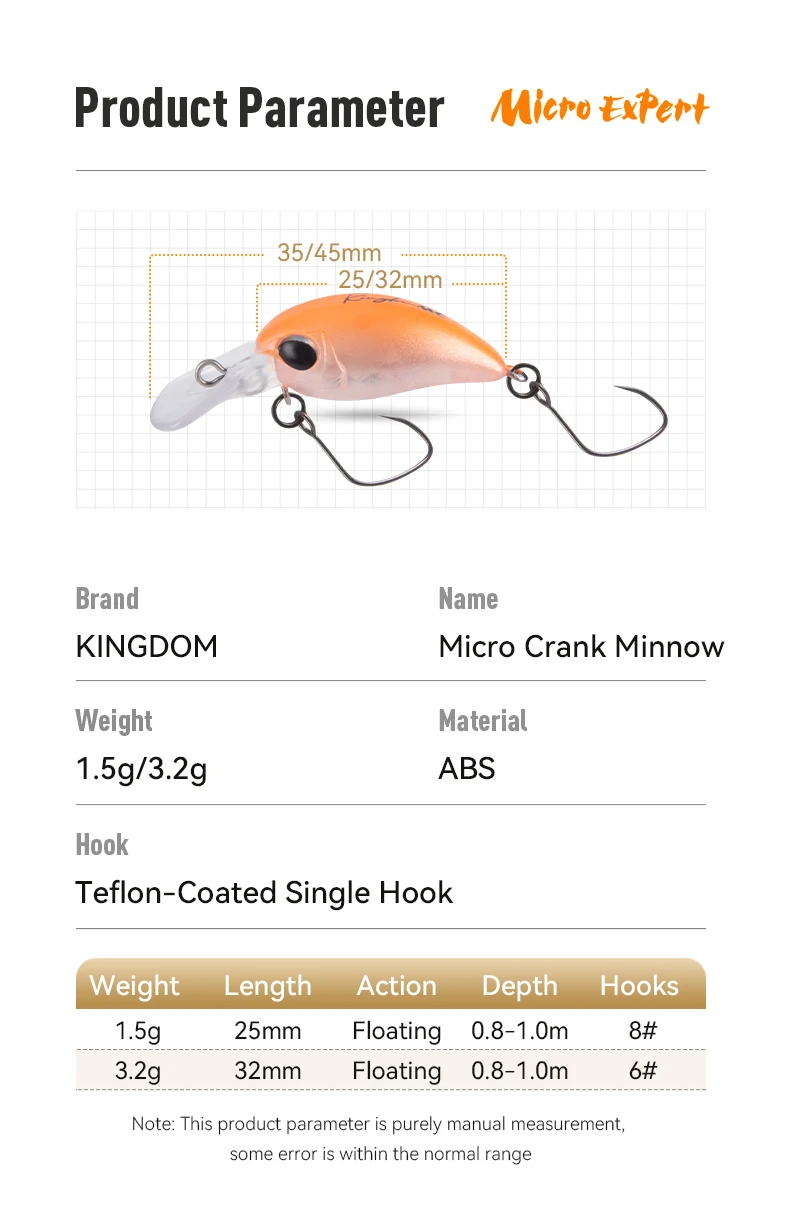 Kingdom Small Crank Minnow 1,5 g 25 mm 3,2 g 32 mm schwimmender Mini-Kunstköder mit Einzelhaken, harter Wobbler zum Angeln auf Barschforellen – Detail 13