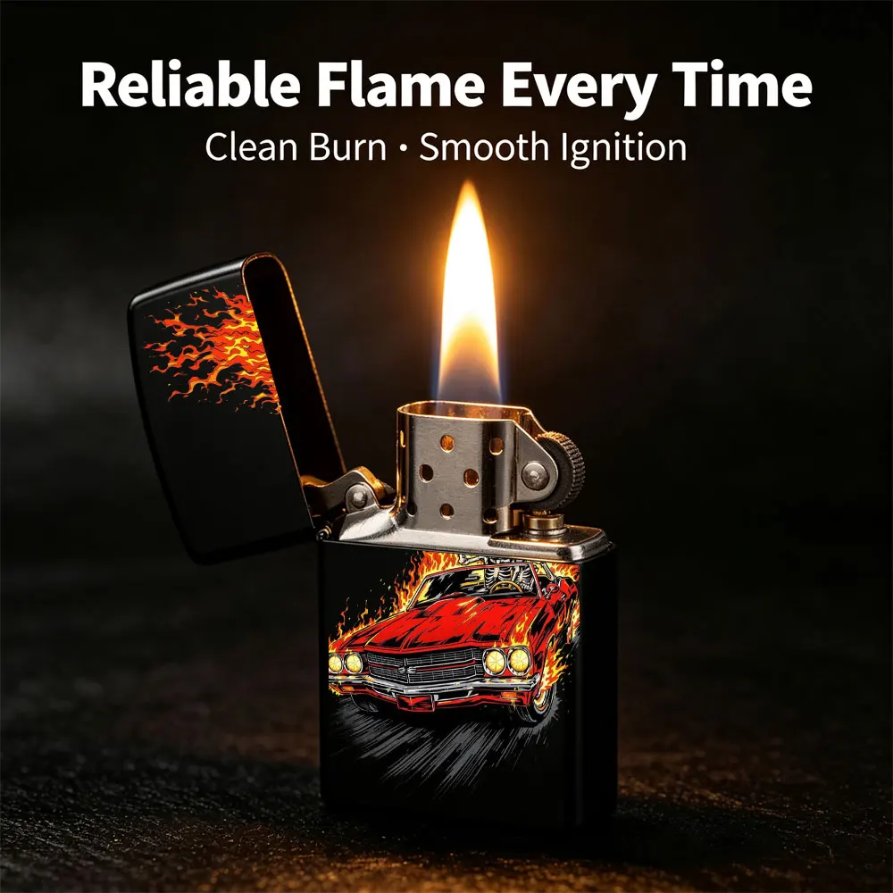 Pocket Lighter, Flip-Top Windproof Design, Skeleton Riding Red Sports Car Print, Metal Case, Comfortable Grip, Adjustable Flame, for Daily Use & Gift Giving