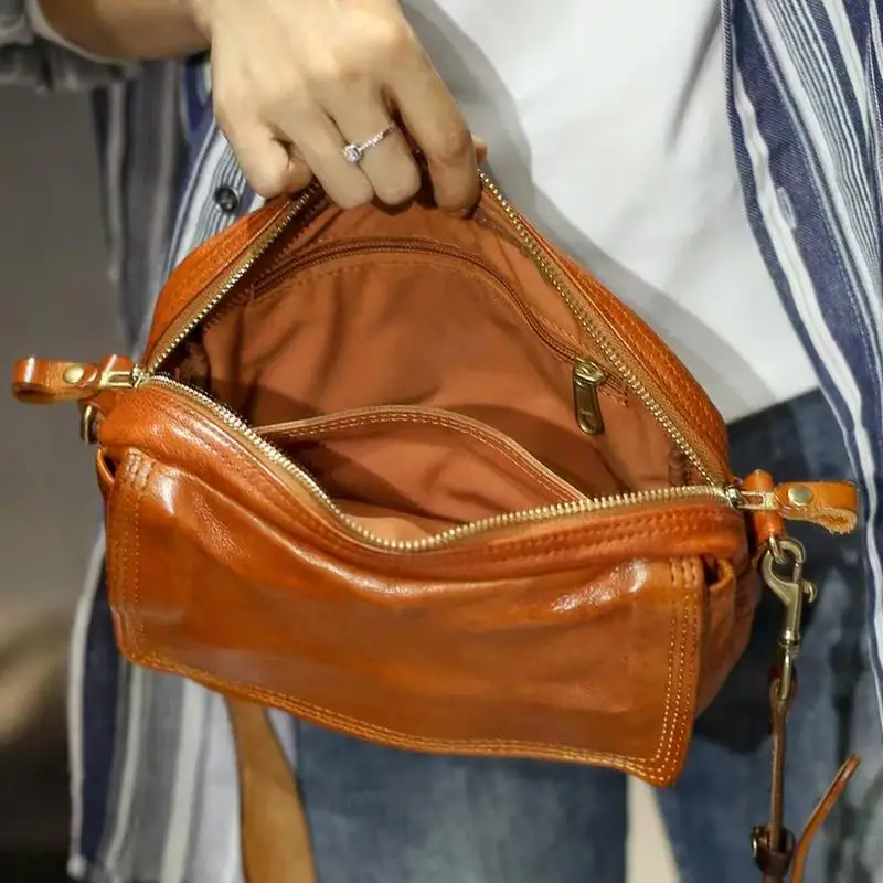 PNDME vintage handmade genuine leather men's women's diagonal bag outdoor casual high quality first layer cowhide shoulder bag