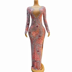Sexy Pink Silver Rhinestones Transparent Long Sleeves Dress Birthday Celebrate Evening Stretch Costume Dance Performance Gowns