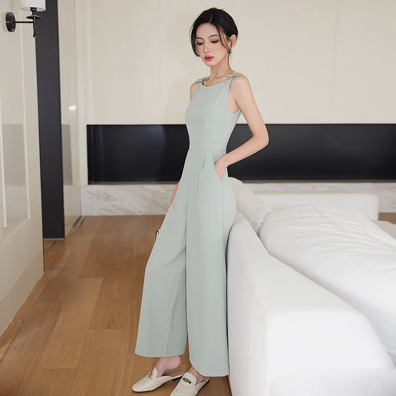 Tuta con fiocco moda coreana donna estate a vita alta senza maniche tute Combinaison Femme tuta elegante