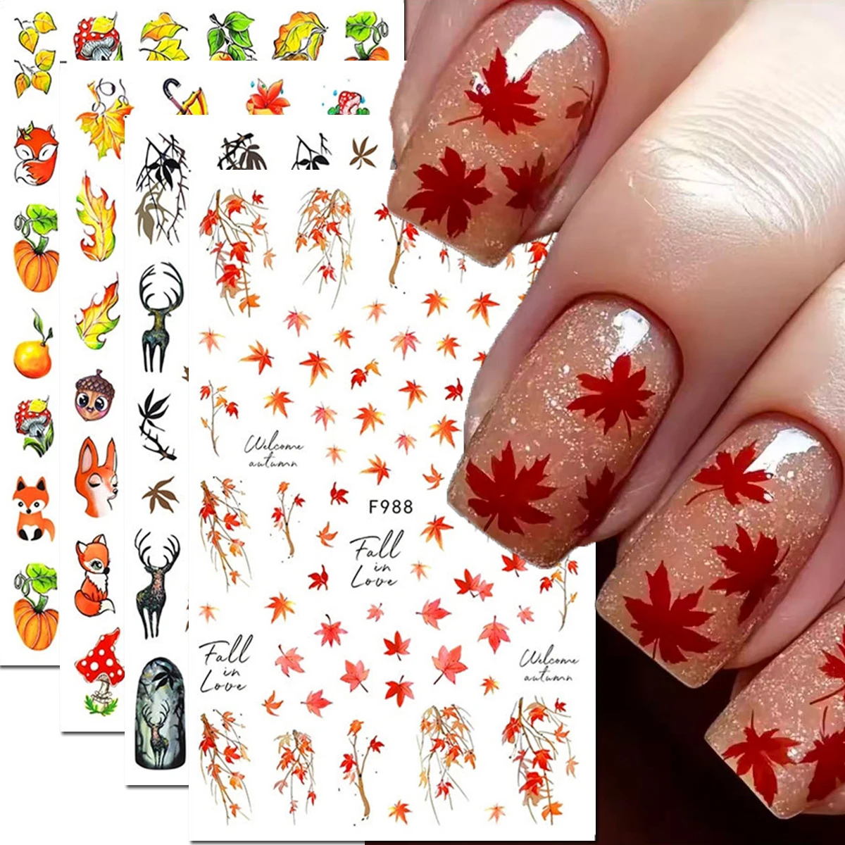 4-Sheets Autumn Fall Maples Leaf Pumpkin Cute Foxes Deers 3d Nail Stickers Nail Decals Decorated For Manicure DIY