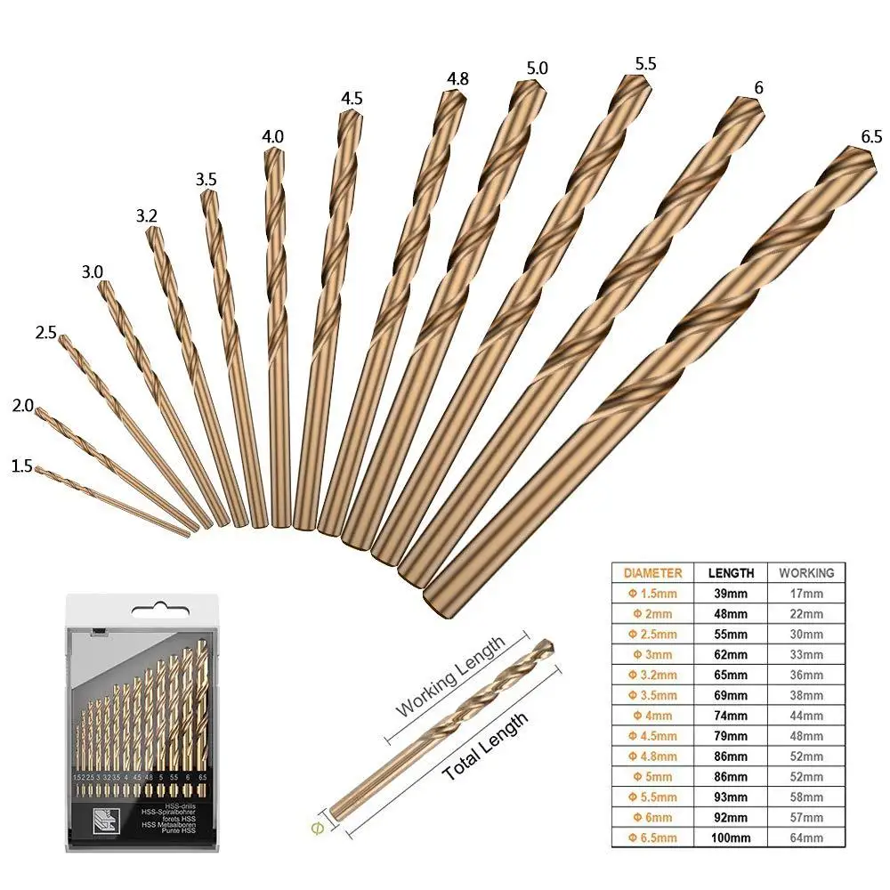

High-speed Steel M35 Baked Yellow 13pc Twist Drill Set 135 Degrees Double Rear Angle Stainless Steel Open Hole Cobalt Drill