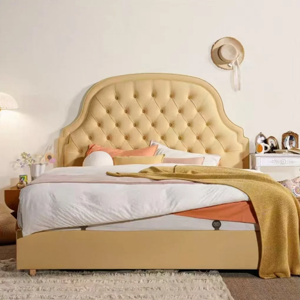 Vintage button-down tufted leather double bed with birch slat base, modern minimalist bedroom flat edge bed