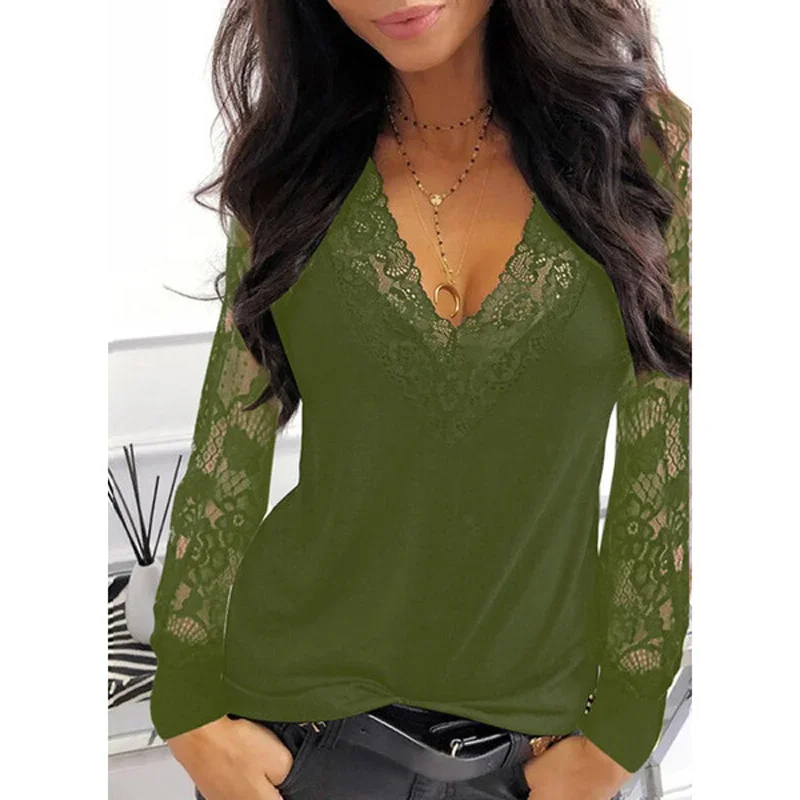 Nice New Ladies Shirt Sexy Fashion Lace Stitching Hollow Leisure White Black Slimming V-Neck T-Shirt Womens Clothes For Spring/S