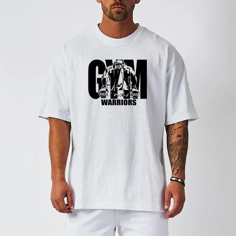 

Summer Oversized Running T-shirts Mens Dropped Shoulder Half Sleeve Tee Fitness Sportswear Mesh Gym Bodybuilding Breathable T