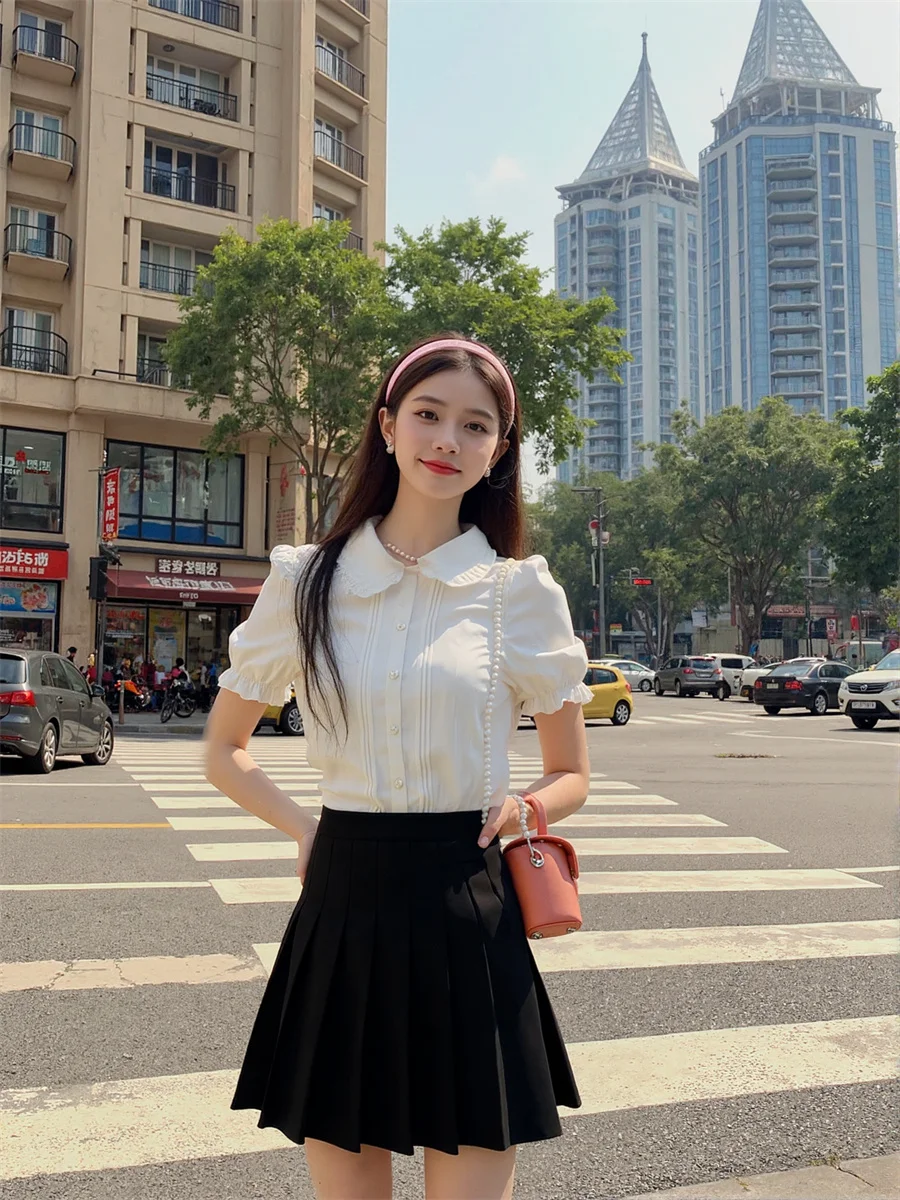 قمصان نسائية قصيرة الأكمام مع الكشكشة س الرقبة الياقة المستديرة زر الجبهة بسيطة الأساسية الحد الأدنى بلوزات بلايز عادية الموضة #6