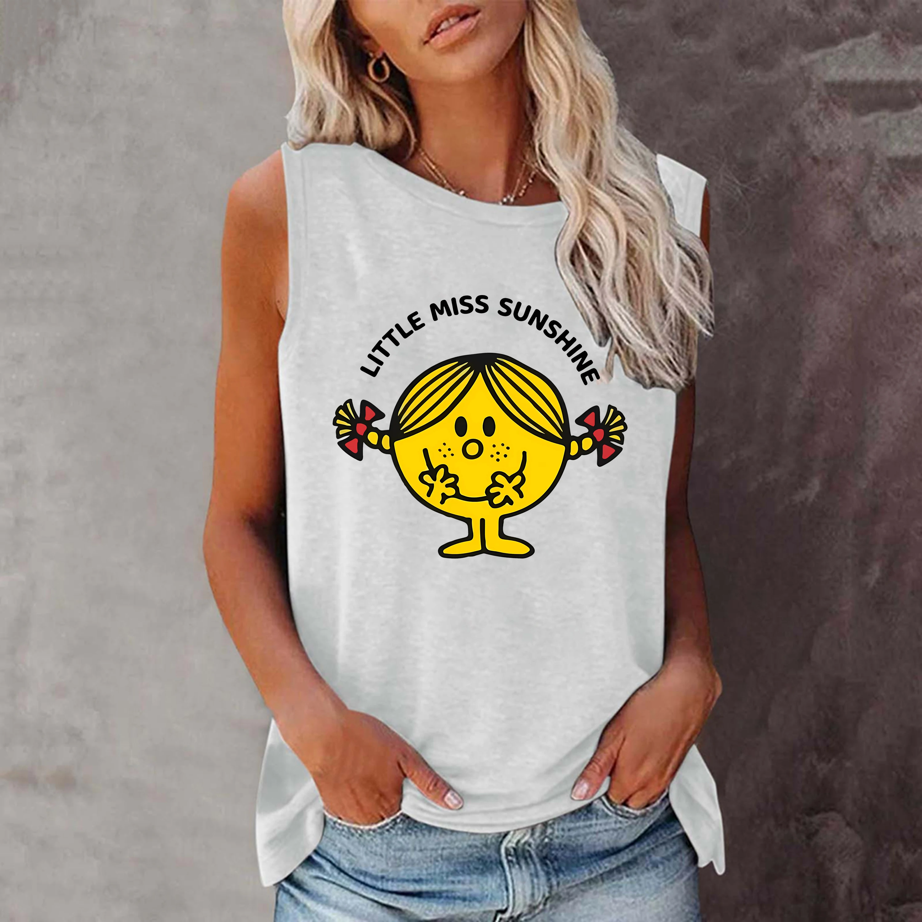 Smiling Face Solid Tank Top, Sleeveless Crew Neck Casual Top for Summer & Spring, Women's Clothing