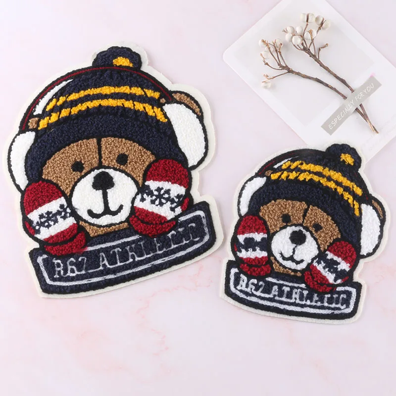 Patches bordados de chenille para roupas, Toalha bonito urso grande, Patches adesivos em roupas, Crianças Sports Shoes Patch