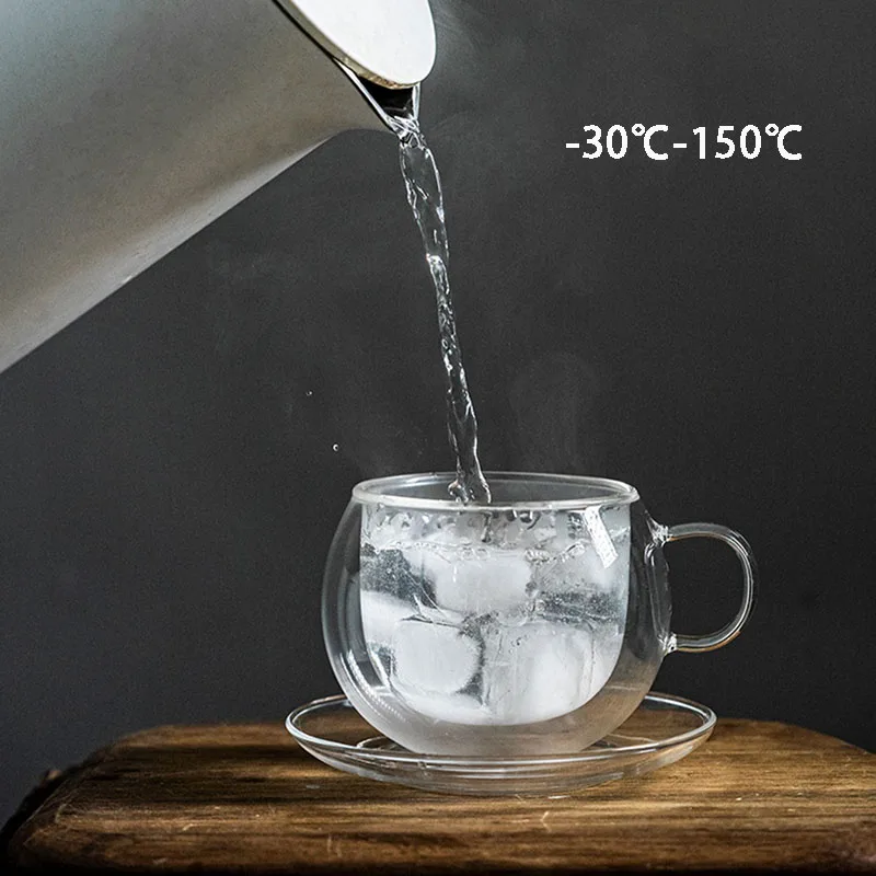 YWDL 180/250ml Double Wall Glass Cup With Dish And Spoon Clear Glass Espresso Cup Set Heat Resistant Coffee Mug Handle Drinkware