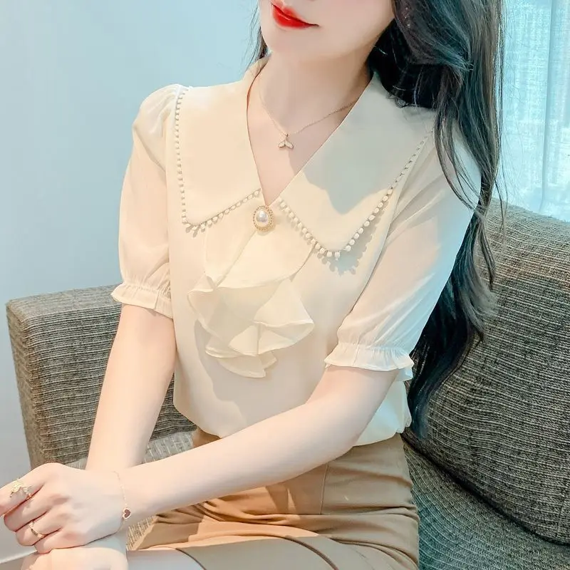 Summer Woman Clothes Chic Ins Elegant Short Sleeve Simplicity Chiffon Shirt Pearl Pure Temperament Tops Fashion Turn-down Collar