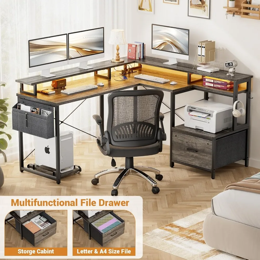 L Shaped Desk with File Drawer, Reversible L Shaped Computer Desk with Power Outlet & LED Lights