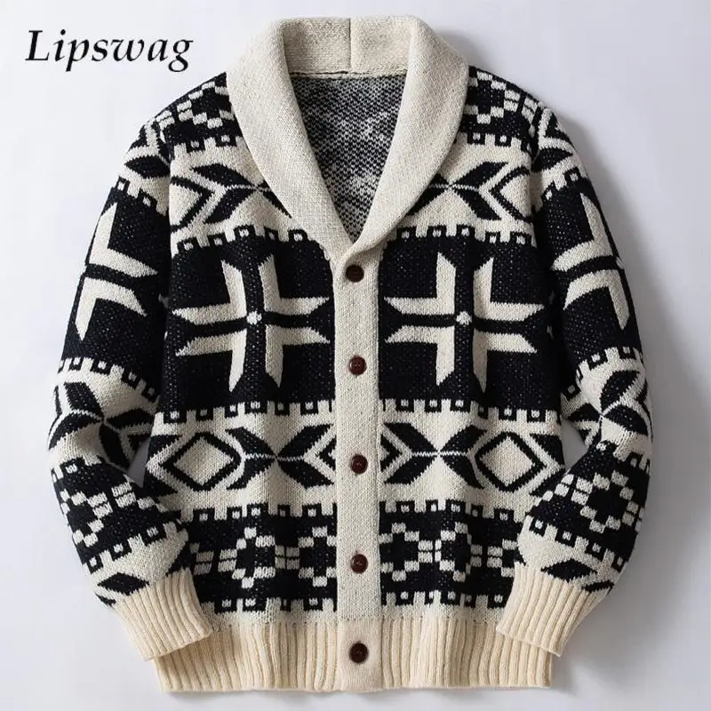 2024 Autumn Winter Casual Sweatercoats Mens Vintage Lapel Buttoned Long Sleeve Knit Jacket Coats Men Fashion Knitting Cardigans