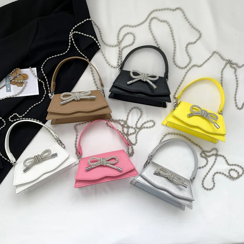 New Handbag for Child Girl with Lychee Bow Women Crossbody Bag Mini Chain Waist Bags Fashionable Rhinestone Accessory Square Bag