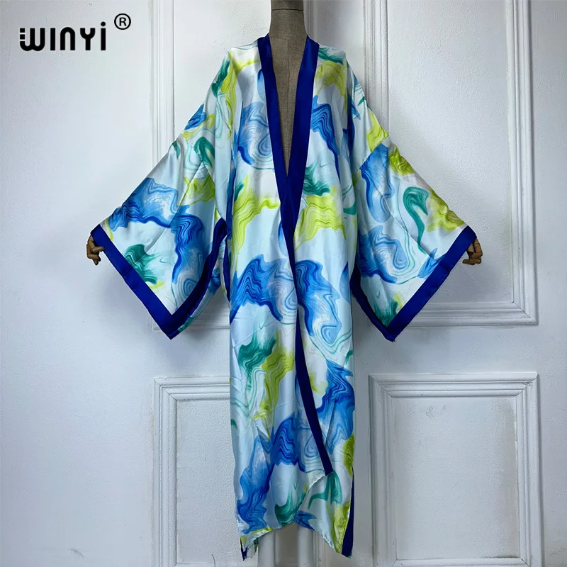 WINYI print Kimonos loose dresses for woman loose Cardigans beach outfits kaftan bikinis cover up evening dress long down coat