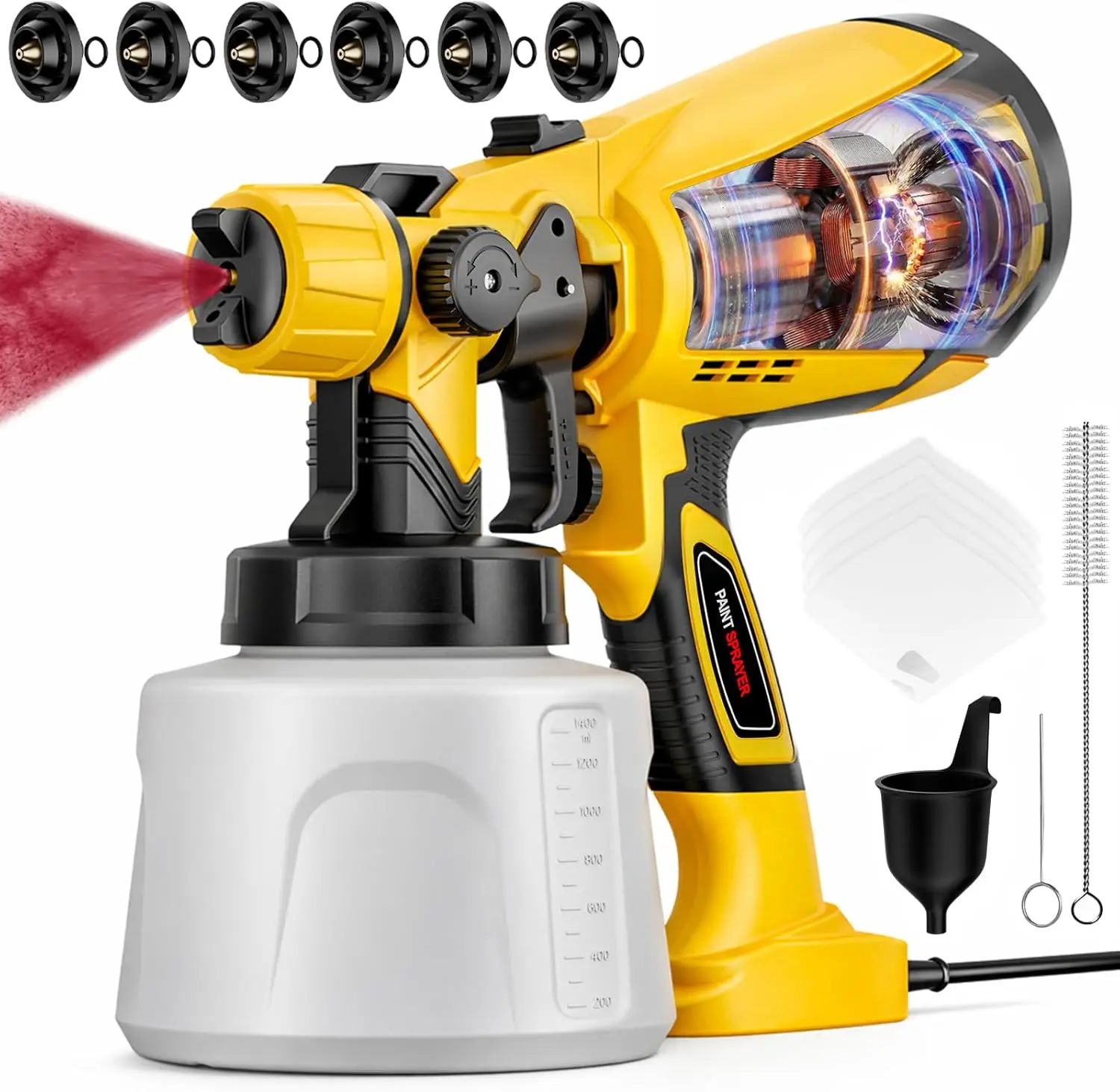 

Paint Sprayer Indoor Outdoor, 1000W Electric Handheld HVLP Spray Paint Gun with 3 Patterns 6 Nozzles, Easy to Clean & Use, Stain