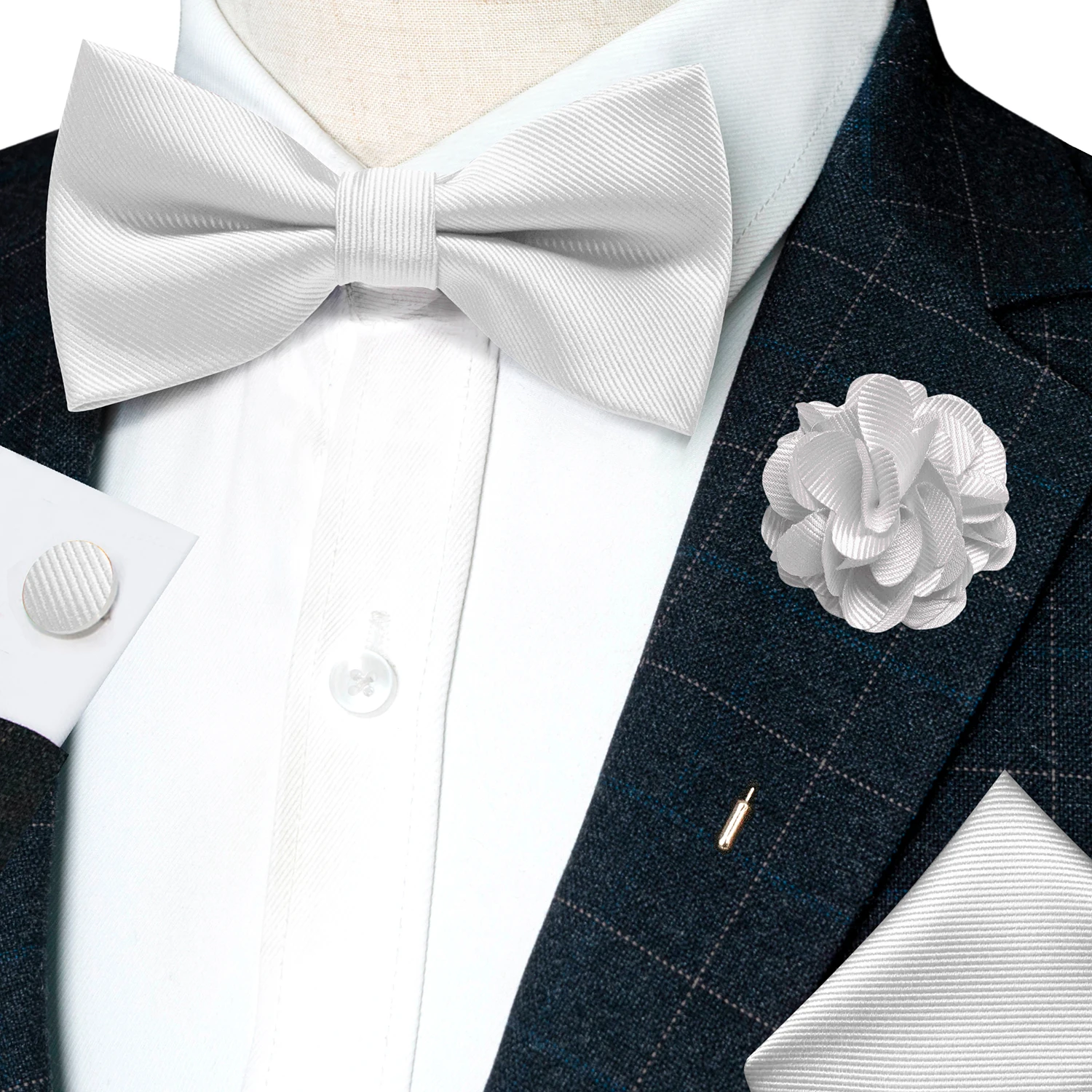 Hochzeits-Fliege für Herren, einfarbig rosa, vorgebundene Fliege, Einstecktuch, Manschettenknöpfe, Corsage-Set, Party, Business, Seiden-Schmetterlingsknoten, Geschenk – Detail 21