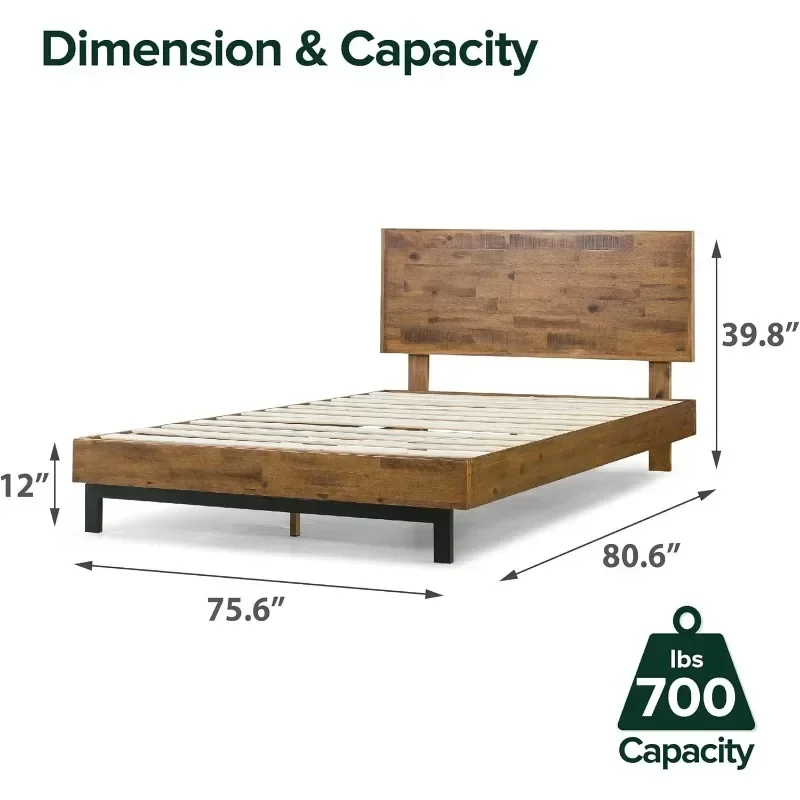 Marco de cama de plataforma de madera con cabecero ajustable, No requiere resorte de caja, soporte de listones de madera