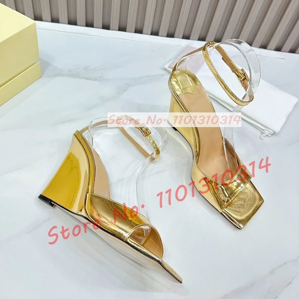 Square Toe Wedge Sandals Women Elegant Open Toe Gold Patent Leather Summer New Shoes Ladies Luxury Ankle Strap Fashion Sandals