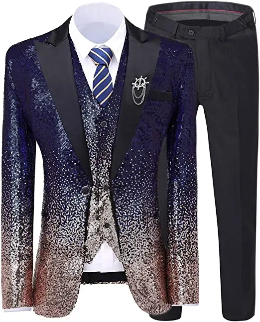 Mens Suit 3 Pieces Sequin Color Shiny Sequin Suit Peak Notch Lapel for Wedding/Party Groom Banquet Nightclub (Blazer+Vest+Pant)
