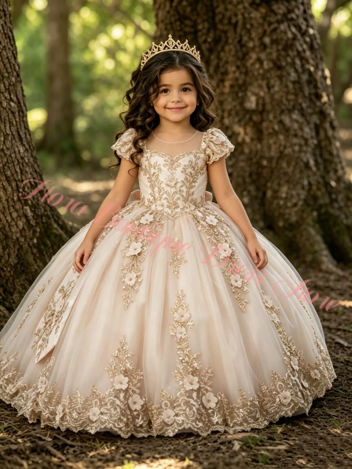 Golden  Flower Girl Dresses For Wedding Lace Appliques Floor Length Girl Birthday Party Gowns First Communion Gowns Customized