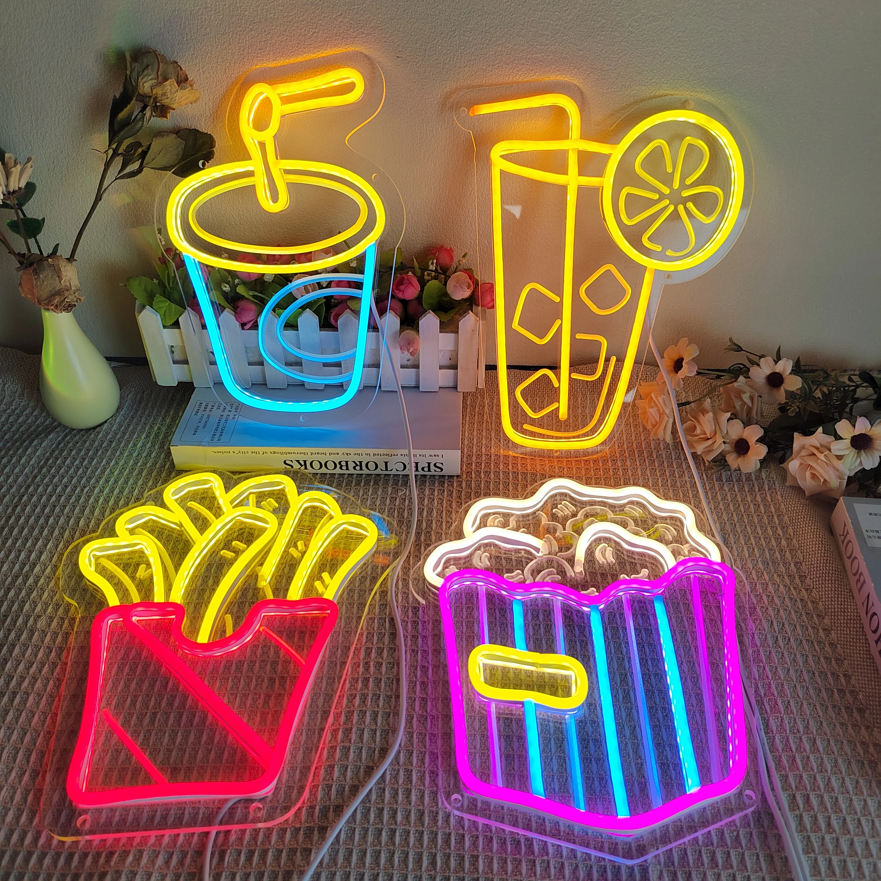 Business Neon Light Led Lights French Fries Popcorn Sign For Restaurant Eating House Decor Wall Neon Sign Fast Food Shop Cinema