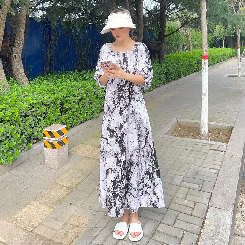 Women New Cotton Silk Dress Spring Summer Explosions Artificial Cotton Floral Dress Thin Large Size Nightgown T0072