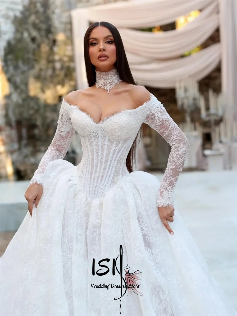 ISI Luxury Lace Pleated Wedding Dresses Exquisite Long Sleeve Bustier Corset Eveing Dress Customized Vestidos De Novia