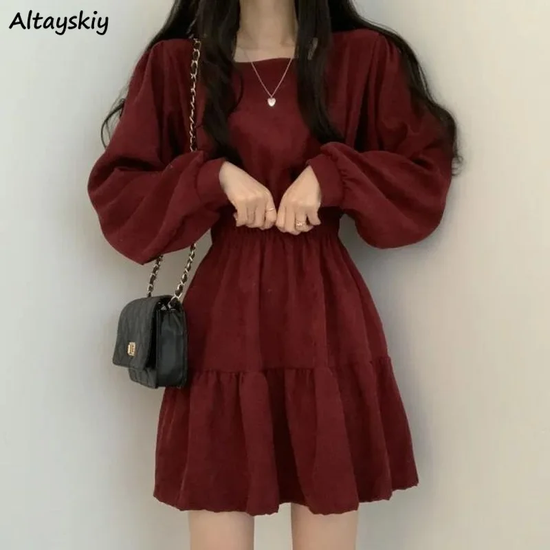 Women Long Sleeve Dresses Solid Color Square Collar A-line Sweet Vintage Design High Waist Mini Length Soft Chic Korean Elegant