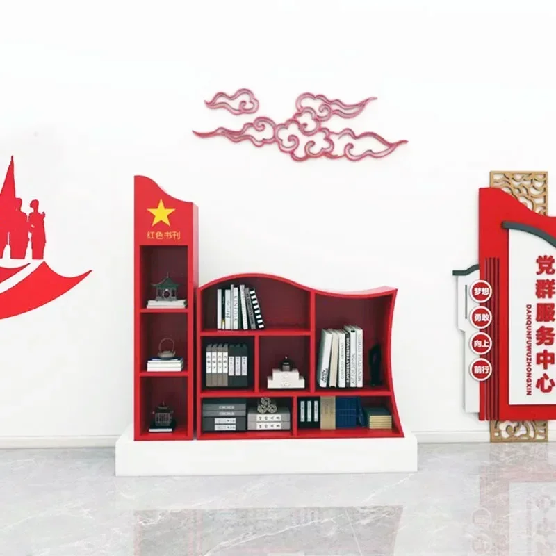 Customized creative wrought iron Party building bookcase red theme cultural bookshelf