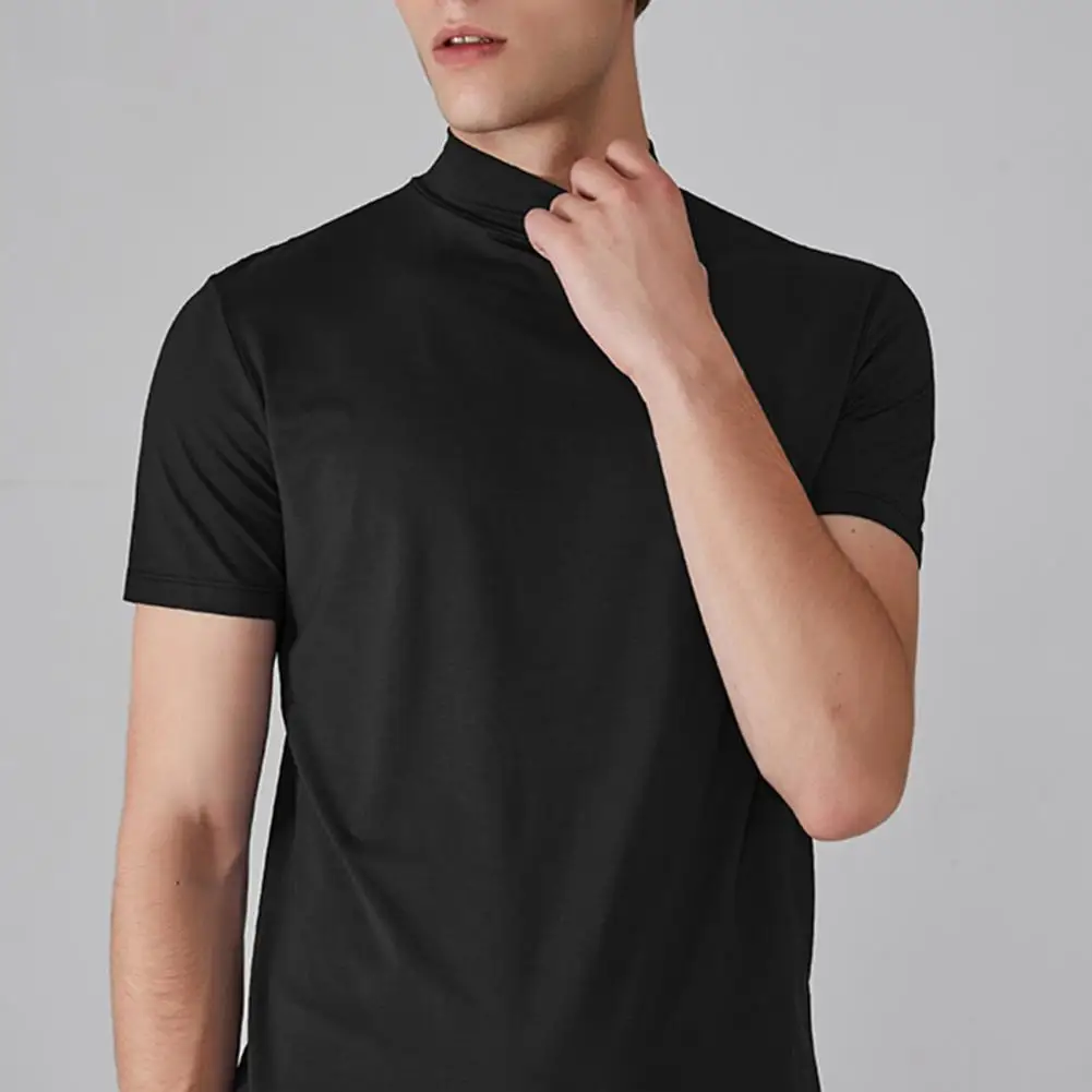 Men Half High Collar T-shirt Slim Fit Quick-drying Sports Tee Shirt Short Sleeve Elastic Summer Casual Thin Pullover Tee Shirt