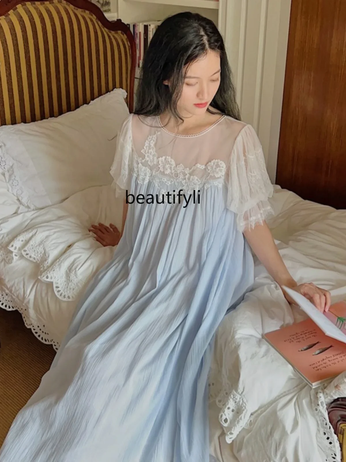 

French Retro Fairy Court Style Nightdress Women's Summer Pure Cotton Lace Short Sleeve Dress Pajamas Can Be Worn outside