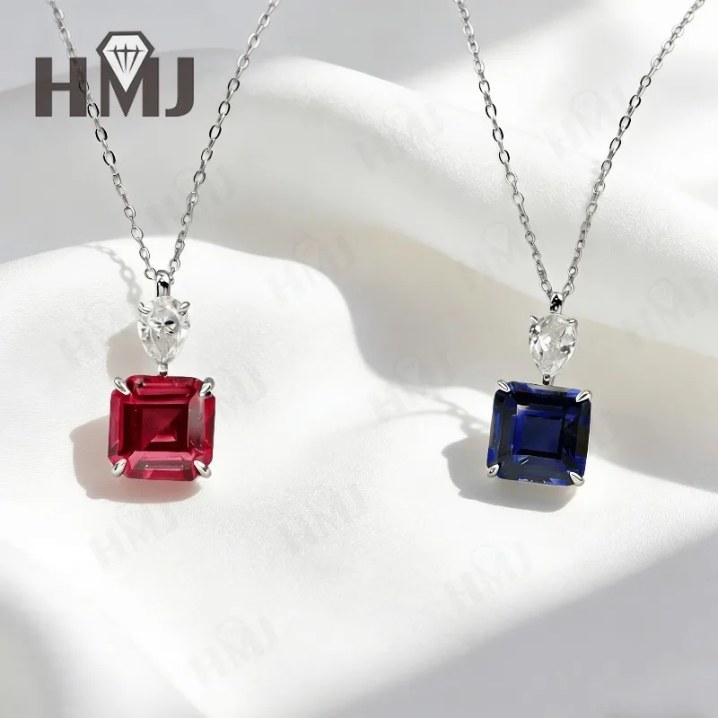 

Lab Grown Gemstone Necklaces 8X8mm Asscher Cut Ruby Sapphire Four-Prong 925 Silver for Anniversary Christmas Gift Quality Jewely