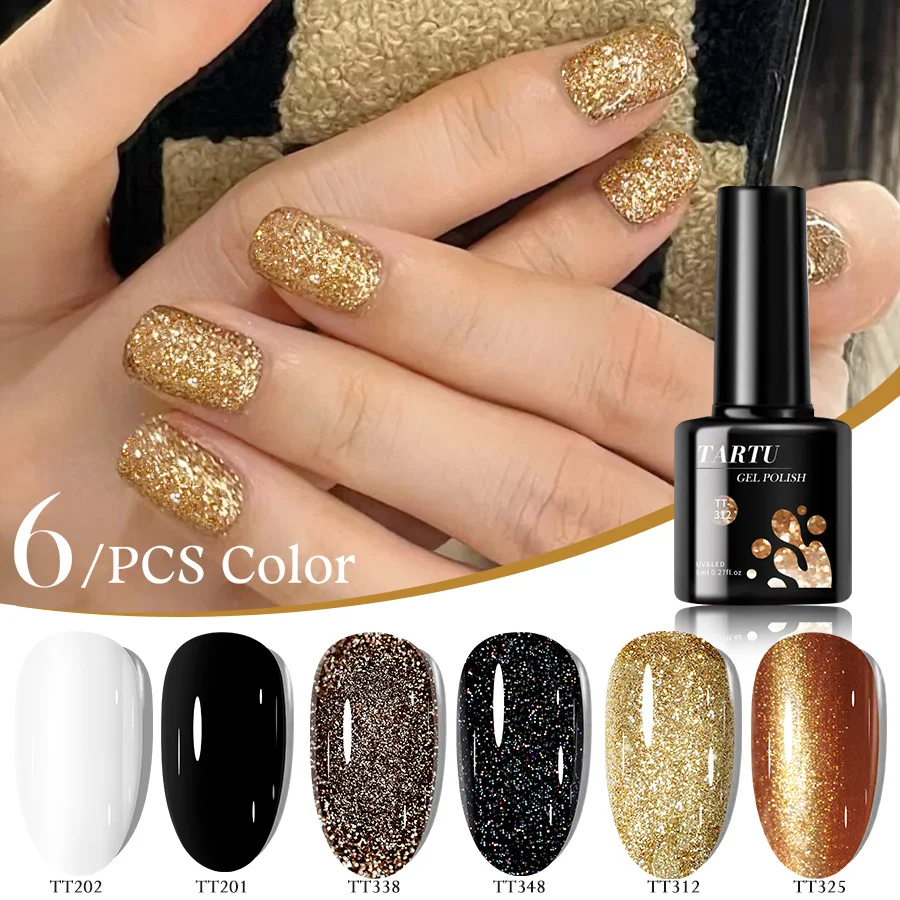 مجموعة طلاء أظافر جل مكونة من 6 قطع، طقم طلاء أظافر جل شبه دائم مكون من 6 ألوان باللون الأسود والأبيض والذهبي اللامع، طقم طلاء أظافر بالأشعة فوق البنفسجية/Led، مانيكير فن الأظافر