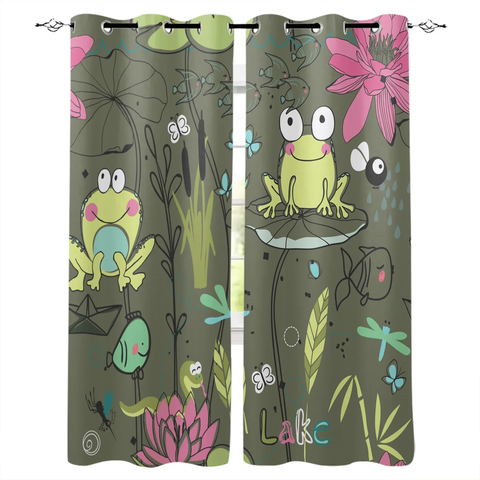 Frog Lotus Leaf Flower Fish Pond Blackout Curtains Window Curtains for Bedroom Living Room Decor Window Treatments