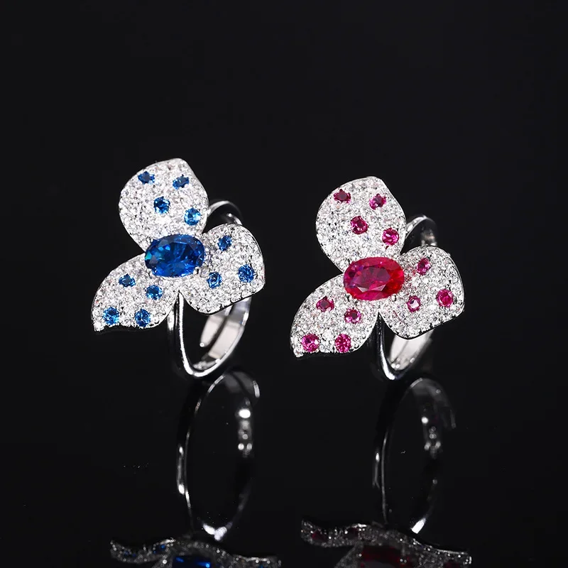 

New Jewelry S925 Silver Plated 18K Jewellery Blue Spinel Red Ring Retro Style Flower engagement Ring For Women