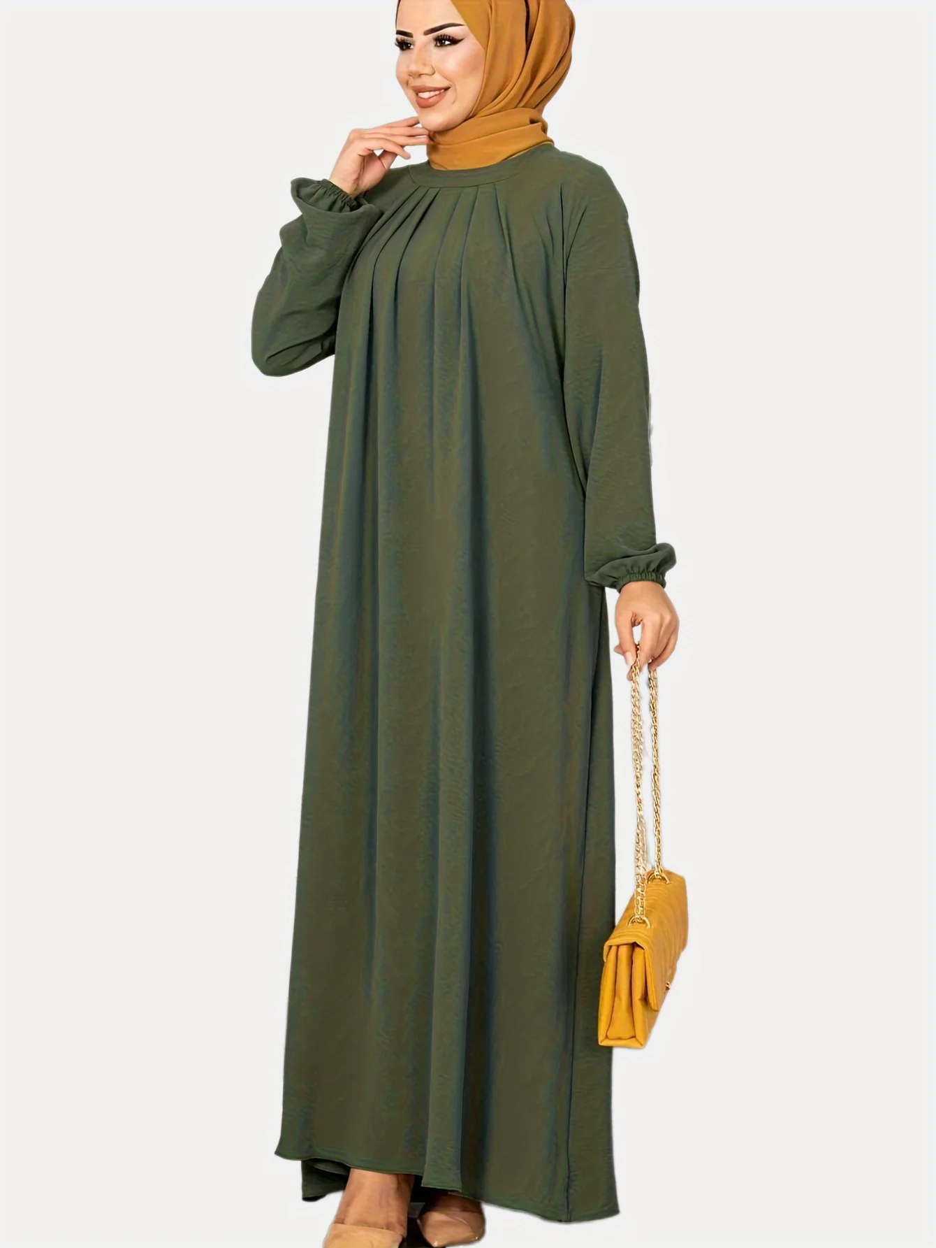 Fashion Women\'s Solid Color Round Neck Loose Robe Muslim Dress