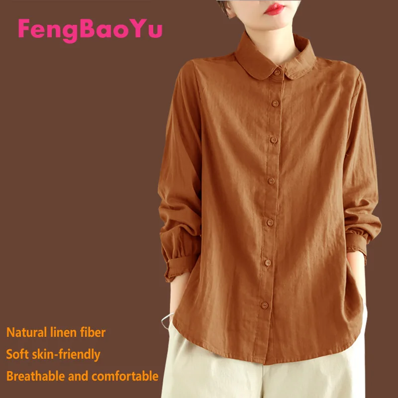 Fengbaoyu Linen Spring Summer Ladies Small Lapel Long-sleeved Shirt Temperament Generous Blouse for Women Fashion Free Shipping