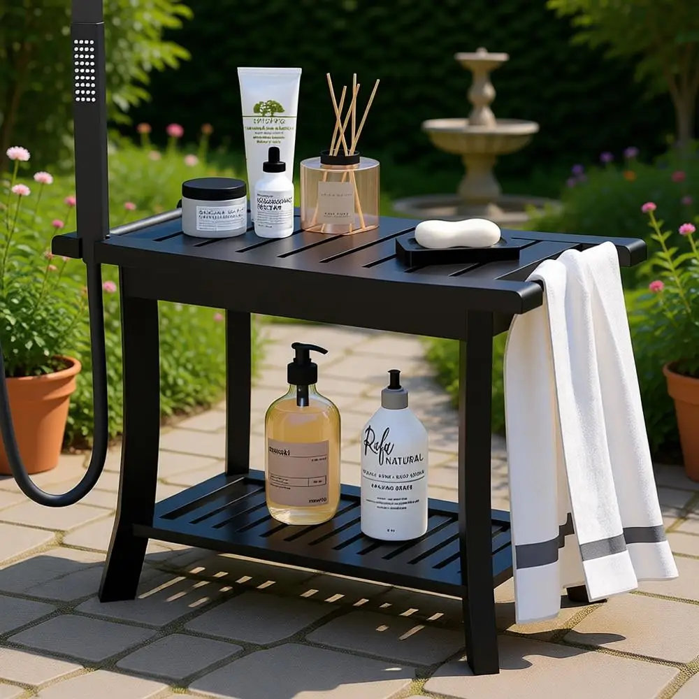 

Bamboo Shower Bench with Storage for All Ages, Waterproof and Non-Slip Bathroom Seat