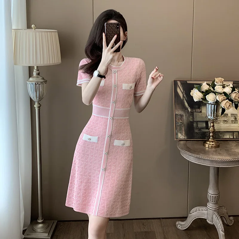 #1051 Blue Pink Knitted Sweater Dress Short Sleeve Buttons Stretch Mini Dress Elegant Office A-line Dresses Round Neck Summer