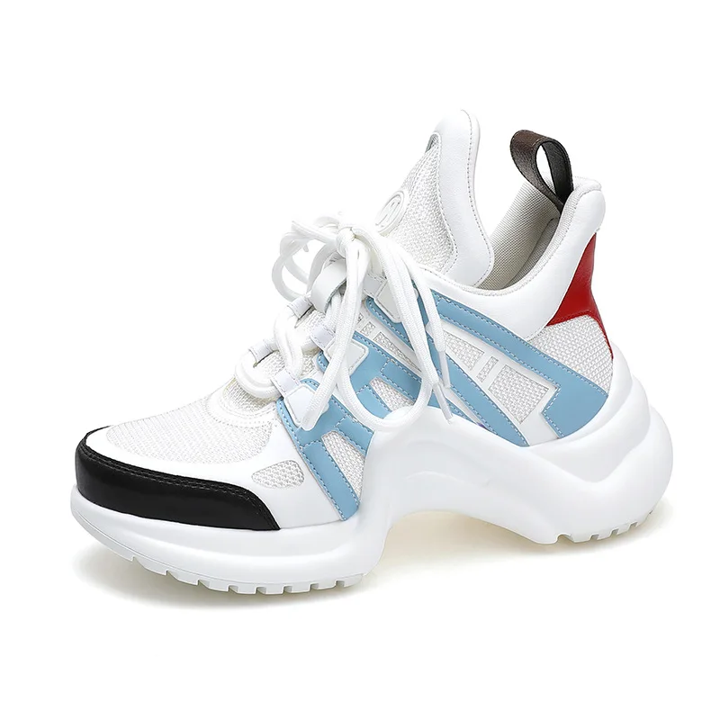 Leisure PU Mesh Breathable Sneakers Women Fashion Lace Up Vulcanized Shoes Luxury Mixed Color Thick Sole Women Casual Shoes 2025
