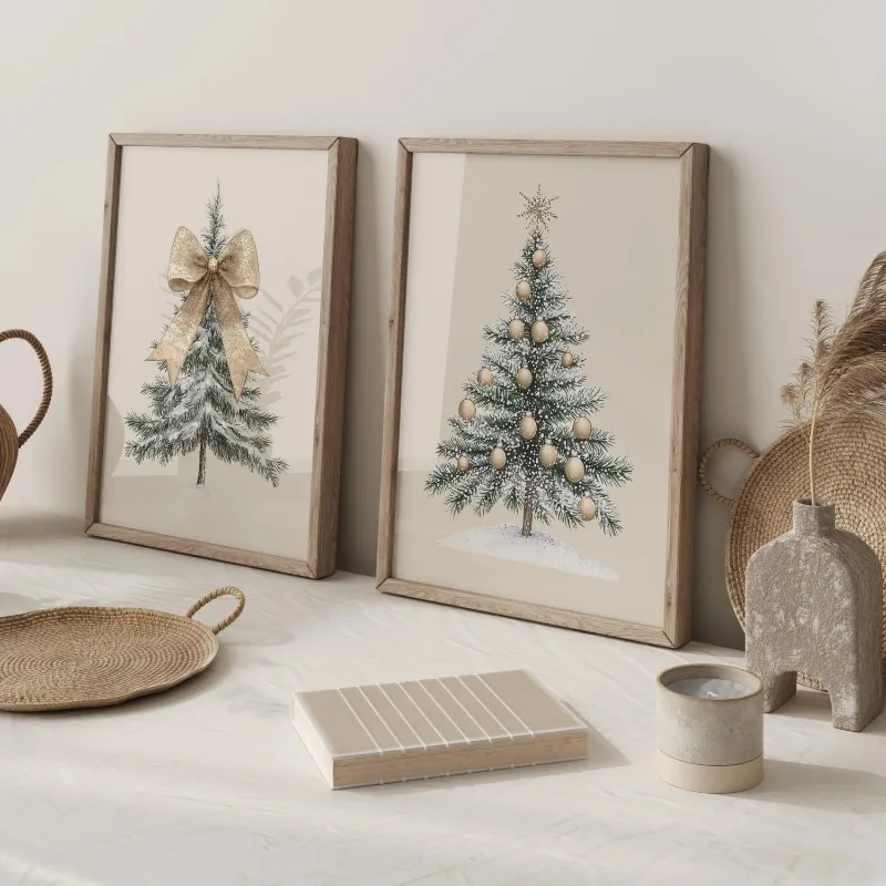 Neutral Beige Christmas 3 Pcs Canvas Wall Art Golden Bow Xmas Tree Quote Prints Minimal Winter Living Room Home Decor Unframed