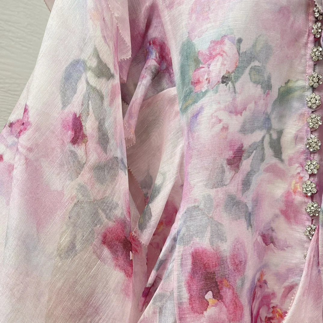 

Pink Romantic Women New Oufit Series High Quality Floral Print Ruffles Bow Diamonds Lantern Sleeve Blouse and Mini Skirt Set