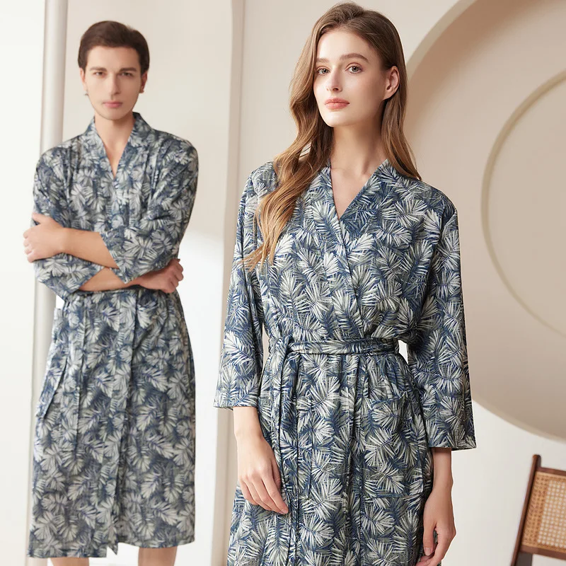 

Leaves Print Women Bathrobe For Hotel Robe Sauna Soft Waffle Robe Large Size Long Bath Robe For Mens